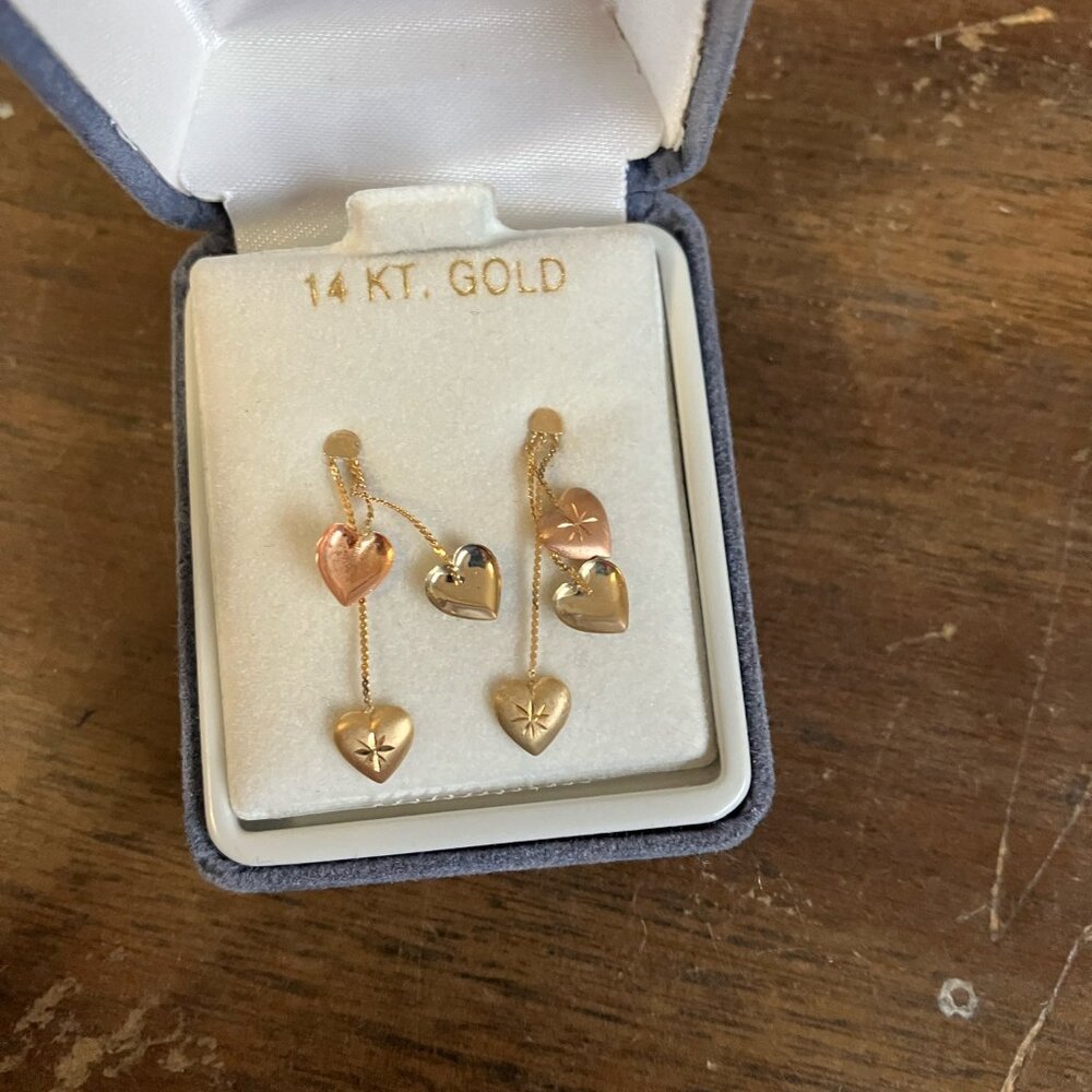 Pair of Tri Gold Heart Earrings - Picture 2 of 3